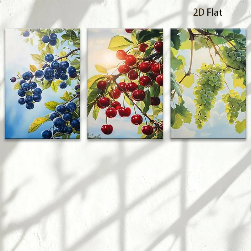 2D Flat, 2D Flat Plane, 3pcs Set 2D Flat Plane Fresh Fruit Wall Art - Blueberry, Cherry, Grape Canvas Painting, for Home Deco