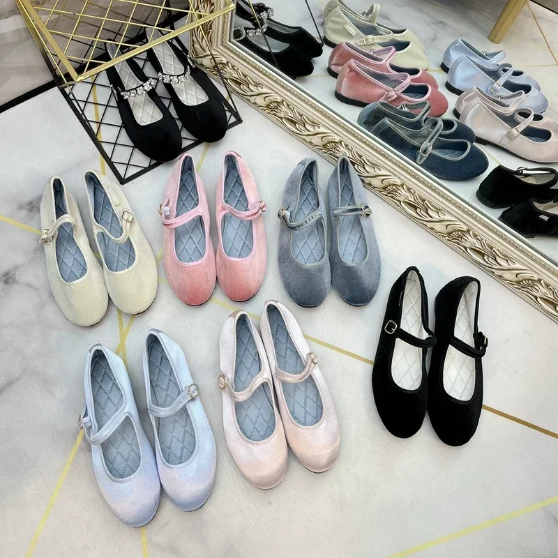 Fashion Mary Jane Shoes Round Toe Women\'s Shoes 2024 New Autumn Spring Korea Flats Velvet Silk Flats Women Shoes