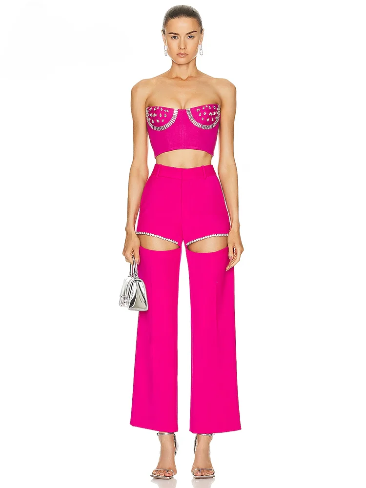 

2024 Summer Sexy Pink Tube Top Diamond Embellished Top + Suit Hollow Pants 2 Piece Sets Womens Outfits Cocktail Party