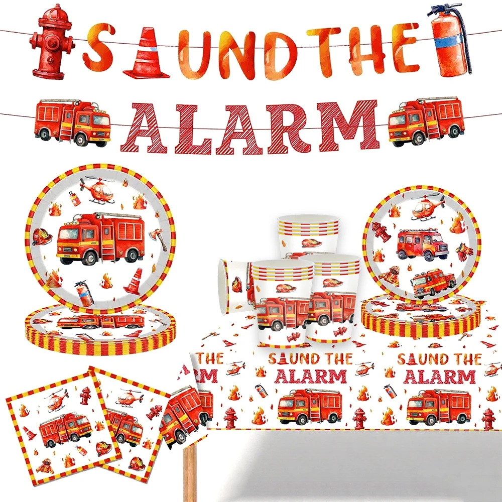 Feuerwehr-Motto Geburtstagsdeko Tischgeschirr Teller Becher Servietten Ballons Banner für Jungen Feuerwehrmann Partyzubehör – Detail 5