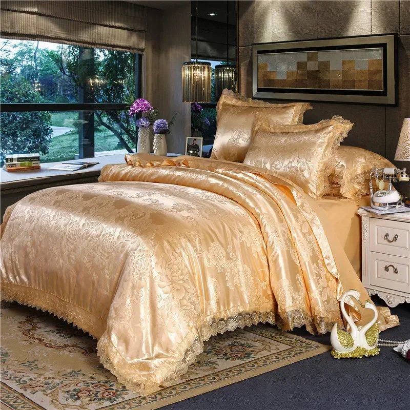 Nordic King Size Bedding Set Luxury Lace Satin Jacquard Duvet Cover Set Bed Linen Queen Comforter Top Quality for Adults 220x240