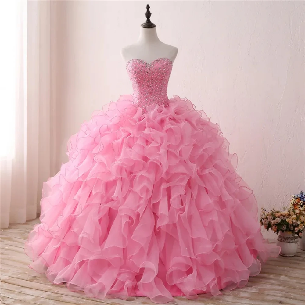 High Qullity Pink Ball Gown A-Line Dresses Beaded Prom Sweet Dress Plus Size Back Lace Up Customed فساتين للحفلات الراقصة2024