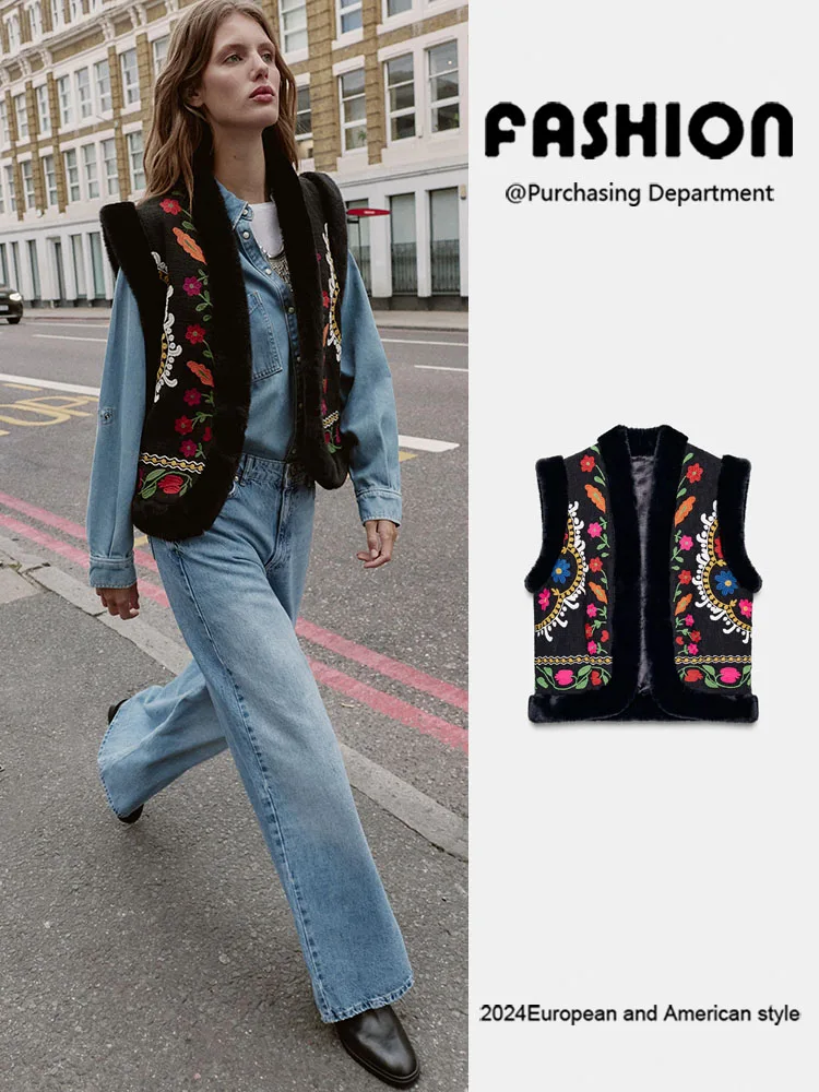 

Faionable лоскутный вышитый жилет с эффектом искусственного меха, Новое поступление, зима 2025 г., женская одежда, универсальный Sli