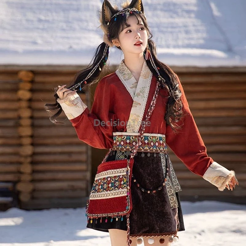 ملابس قطنية شتوية للفتيات التبتية المحسنة يوميًا لعام 2025، ملابس هان الصينية المطرزة على الطراز العرقي hanfu، ملابس السفر العصرية