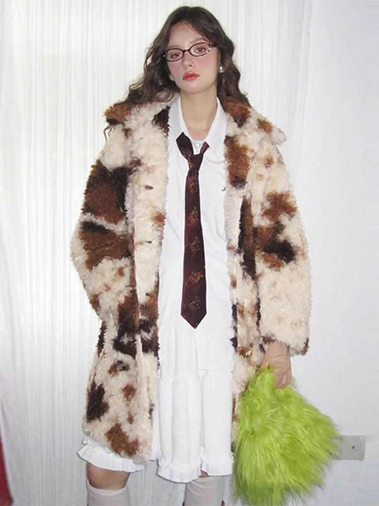 Warme Faux Pelz drehen-unten Kragen Mantel Frauen Mode Einreiher Lose Leopard Print Outwear Dame Herbst Winter Chic jacken