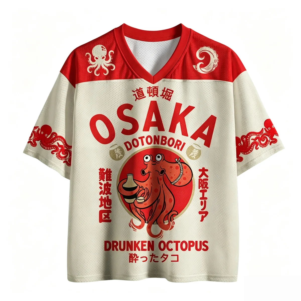 Osaka Dotonbori Drunken Octopus Japanese Retro Mesh Football Jersey T Shirt Unisex V Neck Oversized Streetwear Tee
