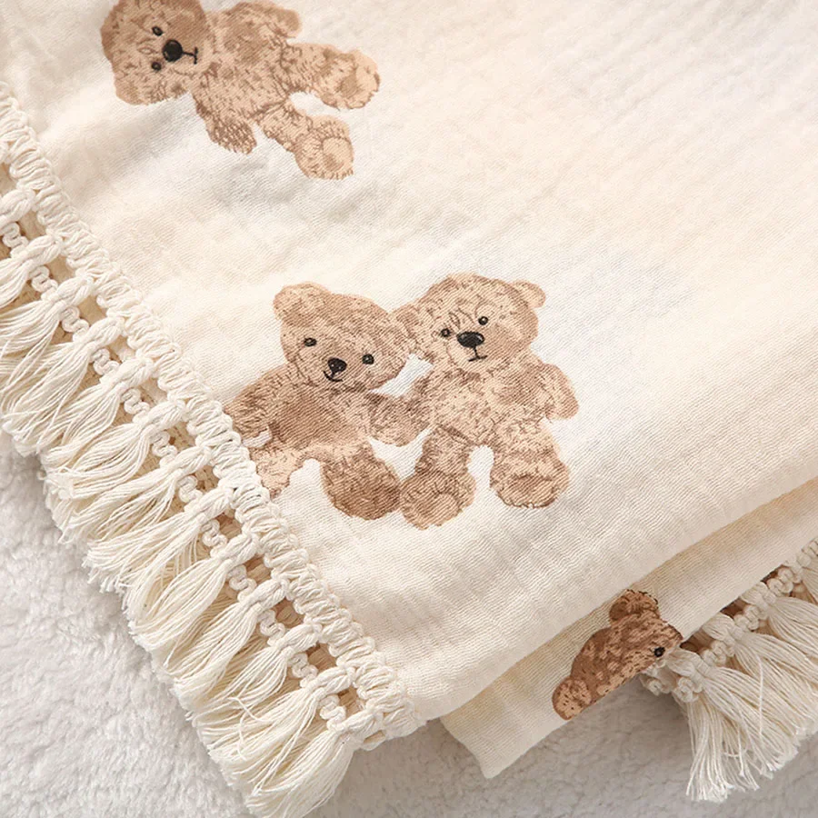 Bear Print Cotton Muslin Blanket for Newborn Baby Plaid Tassel Infant Swaddle Blankets Babies Accessories Bedding