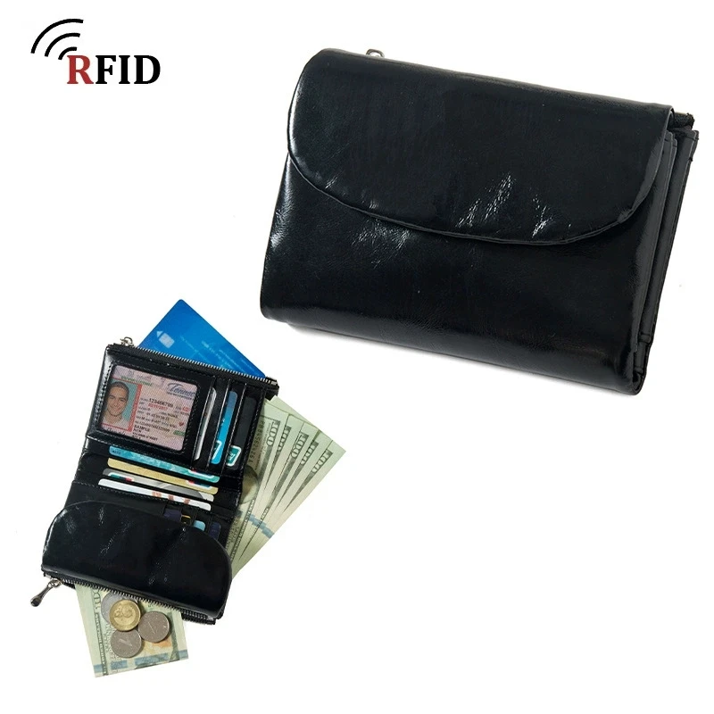 Bifold Short Genuine Leather Wallet RFID Card Holder Purse Women Oil-wax Cow Leather Clutch Bag with Gift Box