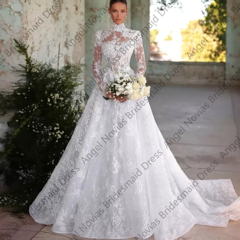 Angel Novias Long Sleeves High Neckline Arabic A Line Wedding Dresses 2026 Bridal Gown Robe De Mariee Customizable Party Dress