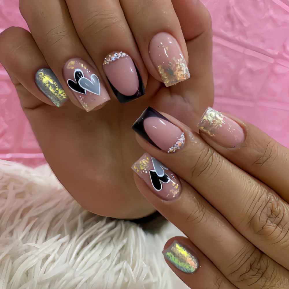 

24PCS Square Shape Black French Nails Blue Black Heart Press on Nails Gold Glitter Gradient Rhinestone Silver Beads False Nails