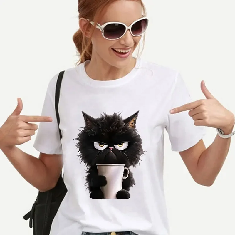 Gato preto amor café t camisa feminina rua elegante unisex roupas de manga curta camisetas amantes do gato camisas topos moda roupas