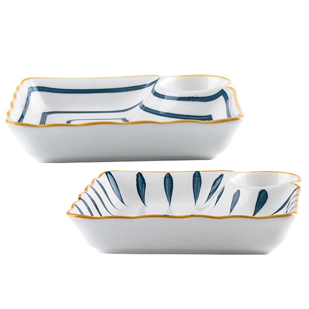 

2Pcs Dumpling Plate Ceramic Sauce Compartment Food Serving Plate Sushi Dish Dishwasher Safe Multipurpose Platter