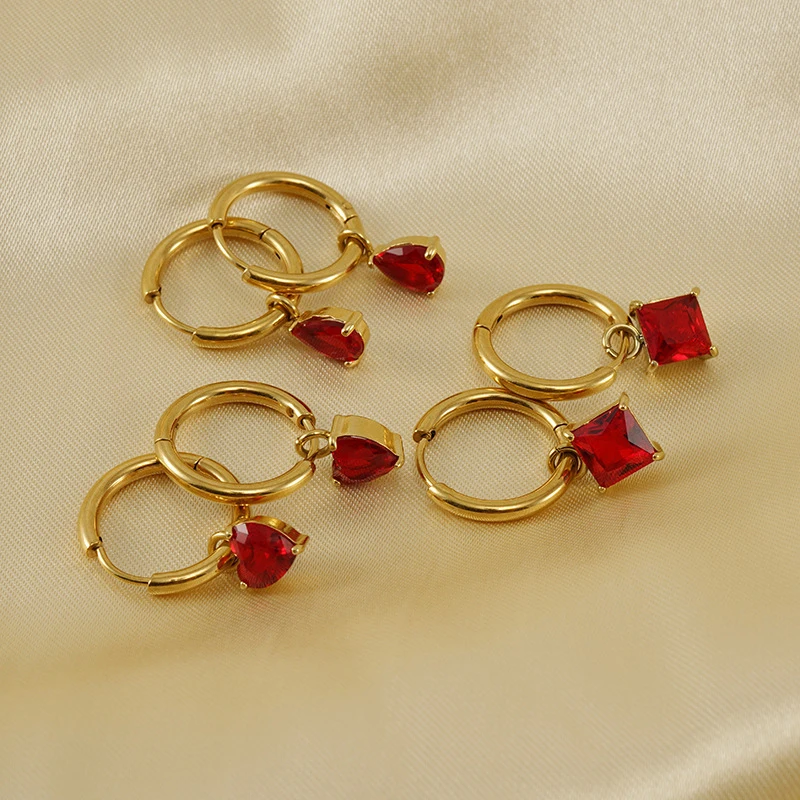 

10PCS Retro Red Geometry Heart Zircon Earrings Stainless Steel Earrings for Women Love Hoop Earrings Gifts for Her Wholesale