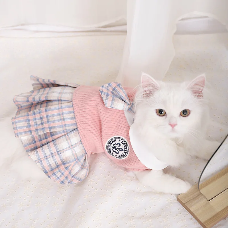 Cat JK Sweater Dresses Pet School Uniform  Puppy Spring Autumn Outfit Soft Knitted Skirt Shirts for Cat Rabbit Small Medium Dogs