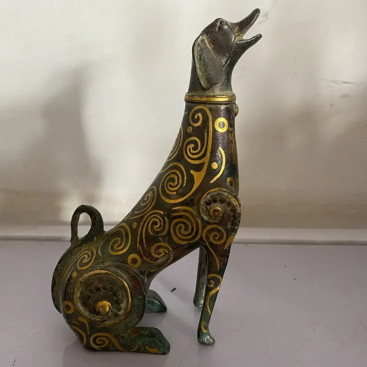 Temple Collection Old Bronze Gilded Cinnabar Flower Oracle bone script pattern Dog Statue Watch the Divine Beast