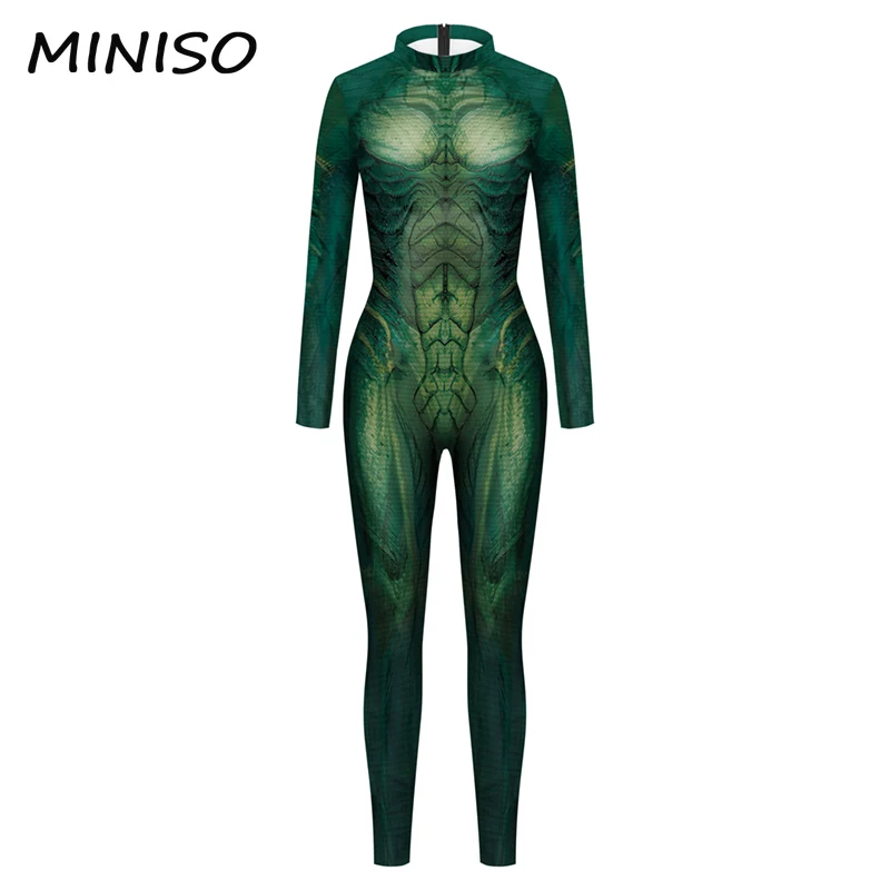 MINISO Halloween Cosplay Costumes Jumpsuit Sexy Women Green Snake Print Zentai Suits Animal Party Masquerade Carnival Bodysuit