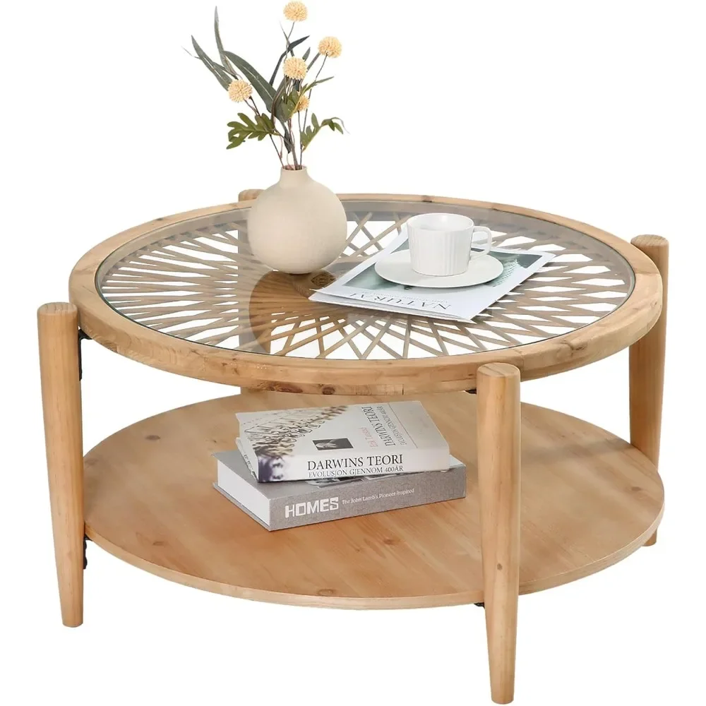 Rattan Round Coffee Tables  2 Tier Sofa Table with Rattan & Tempered Glass Top and Wood Legs