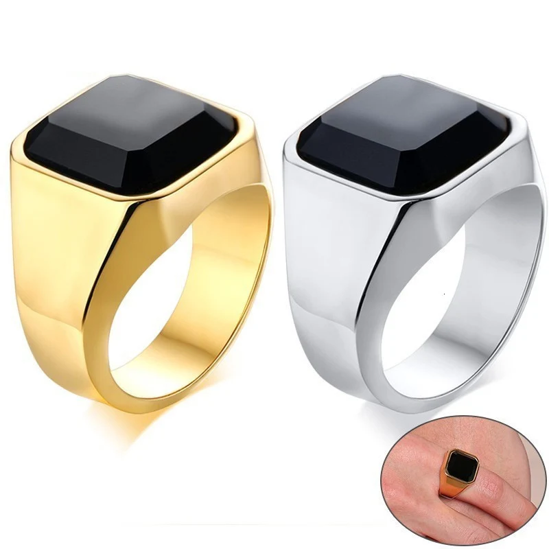 Stylish Men's Signet Pinky Ring Gold Color Stainless Steel Black Stone Anel Masculino Male Accessory Factory Wholesale