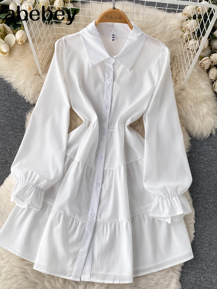 Vestido camisero corto de mezclilla para mujer, conjunto ajustado de dos piezas con manga fruncida, color blanco, moda de otoño