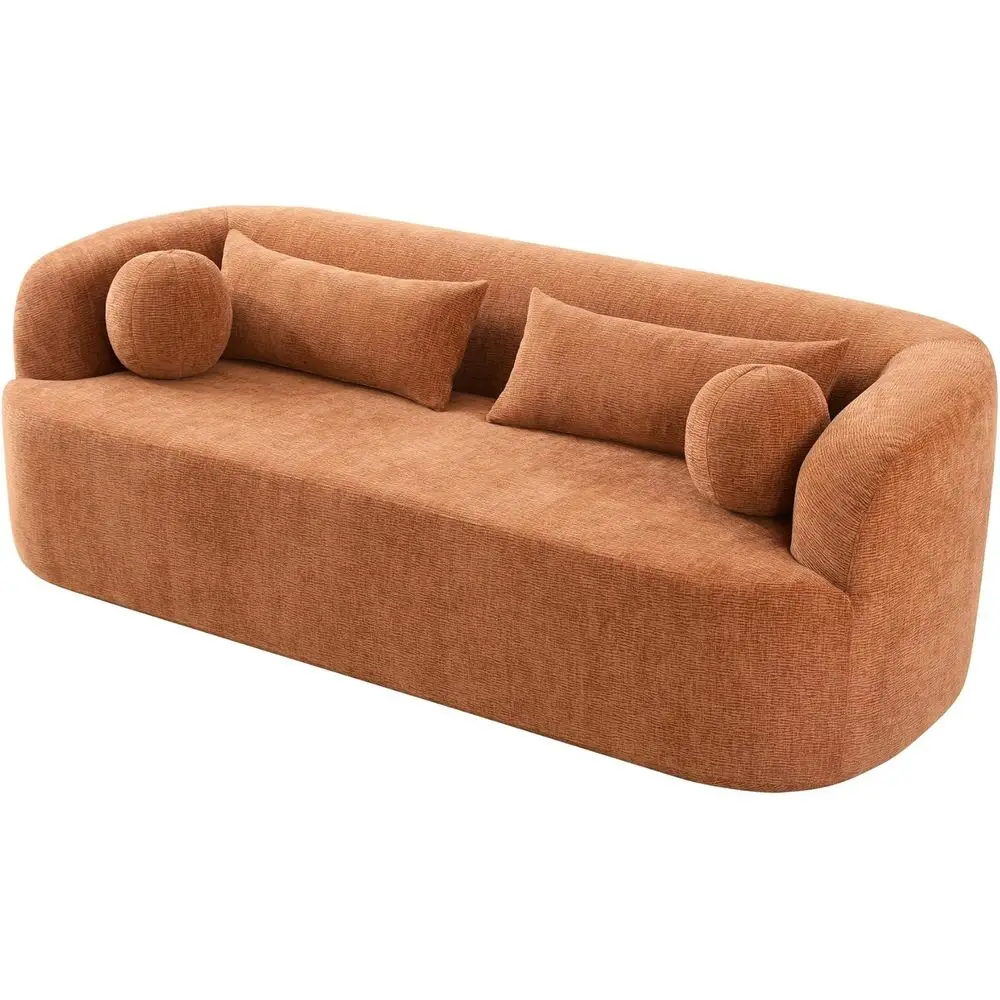 

3-Seater Curved Chenille Sofa with High-Density Foam, Orange, Living Room Love Seat, Includes 4 Pillows, No Assembly Needed.