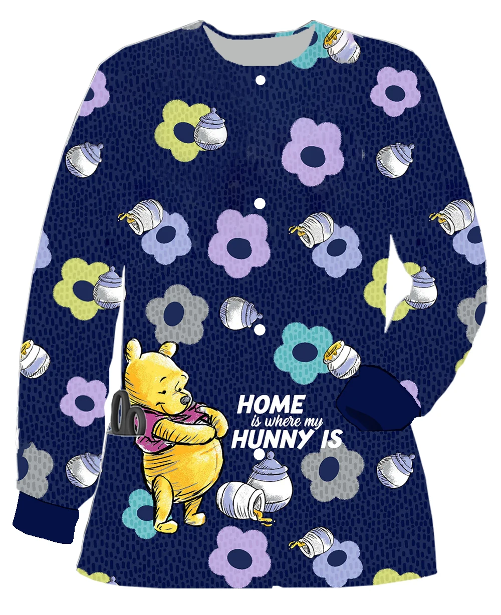 

2023 Disney Winnie the Pooh cartoon print long-sleeved round neck spring and autumn jacket frosted top coat casual nurse uniform