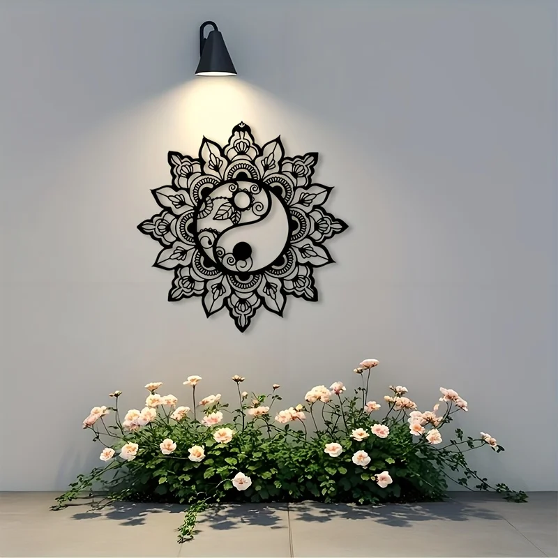 Flat Yin Yang Mandala Metal Wall Art, Laser‑Cut Iron Silhouette, Powder‑Coated Rust‑Resistant Black Bohemian Zen Decor