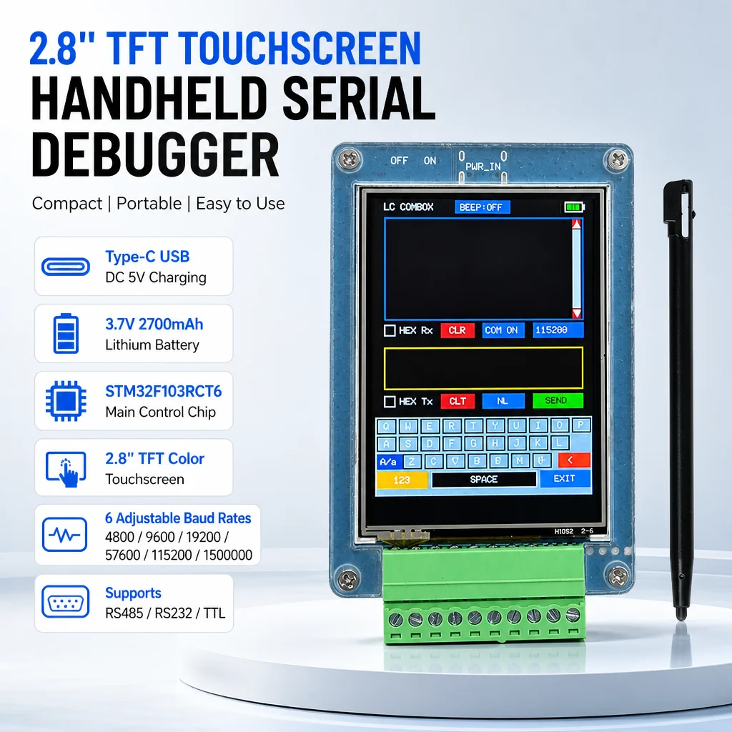 Handheld Serial Debug Tool STM32 Chip HEX Character Data Transceiver 3.3V 5V Power Supply TFT Touch Screen Type C Charging