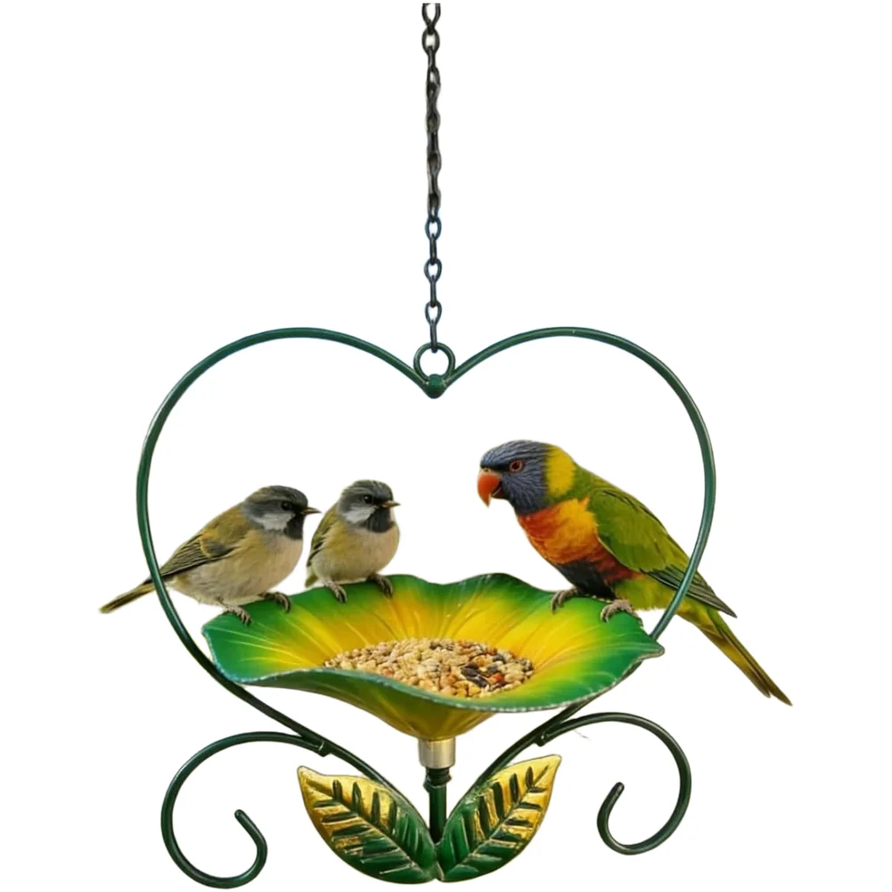 Graceful Heart Shaped Bird Feeder with Floral Embellishments Made of Wrought Iron 18.5 x 34 cm All Weather Performance