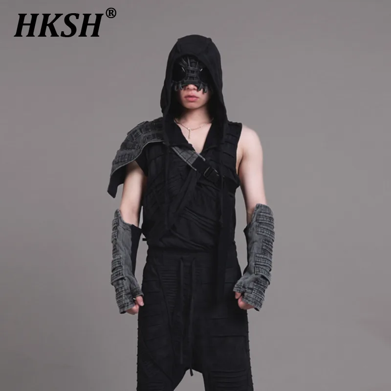 

HKSH Waste Land Asymmetric Pleated Waxed Dyed Vintage Hooded Niche Design Sleeveless T-shirt Men's Tide Punk Cotton Vest HK1113