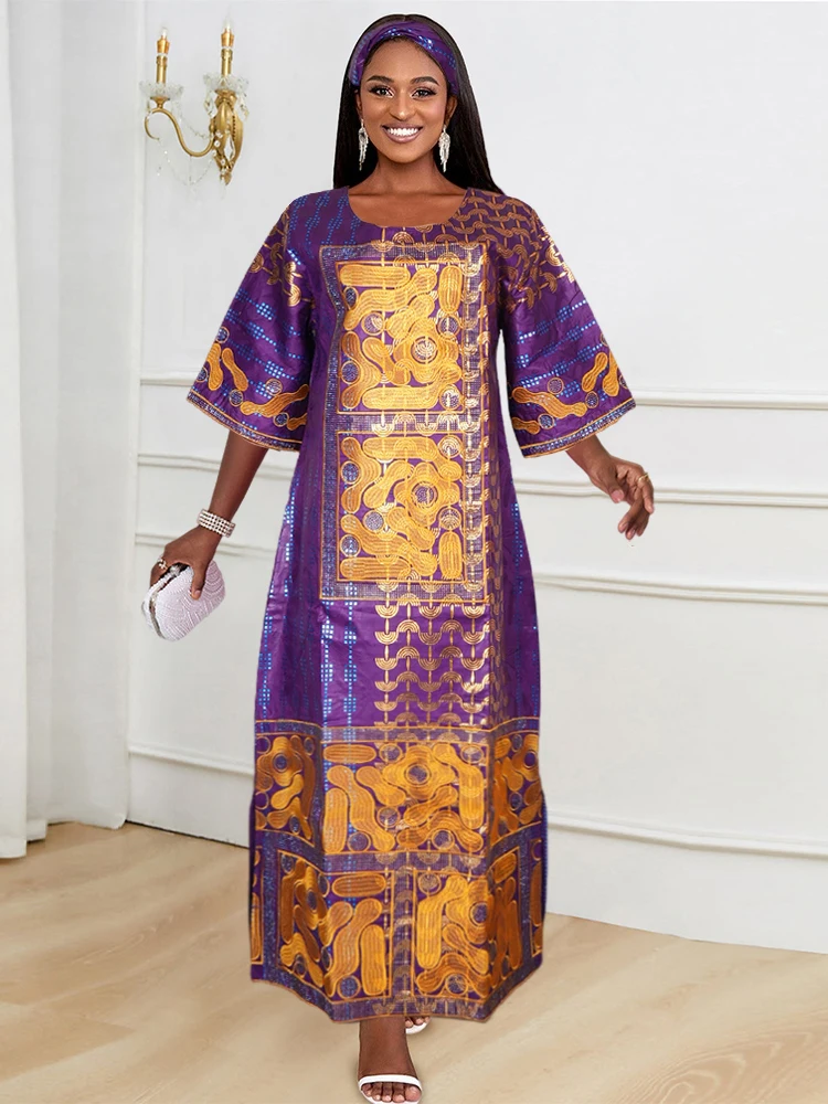 African Women Plus Size 3XL 4XL Dress Traditional Bazin Dresses Elegant Wedding Party Evening Gown Maxi Robe Nigerian Turban