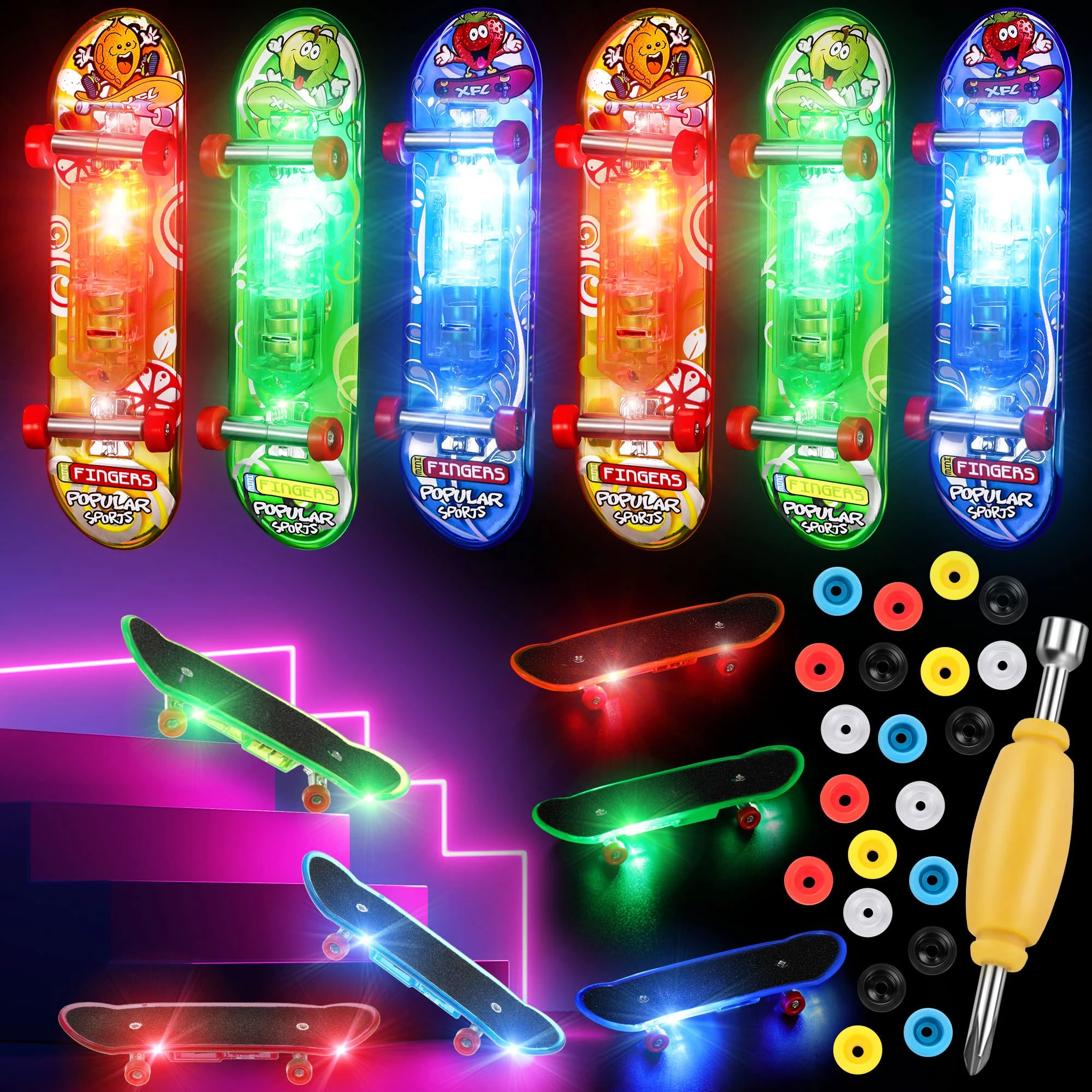 Led Mini Finger Skateboards Light Up Mini Toys Set LED Fingerboard  Skateboard with Interchangeable Wheels and Screwdriver