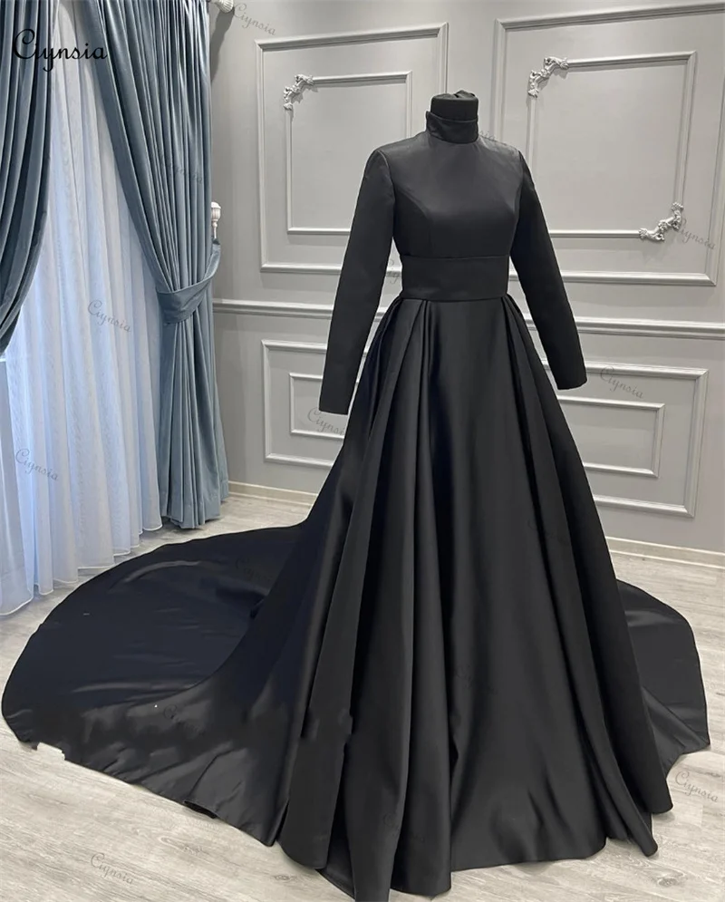 Ciynsia-vestido De novia árabe musulmán De Dubái, traje De novia De manga larga, Hijab, cuello alto, satén, color negro, 2024