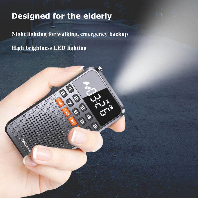 Portable Bluetooth 5.0 Speaker FM Mini Radio Dual Antenna Pocket Radio Receiver TF Card Music Player with LED  Flashlight