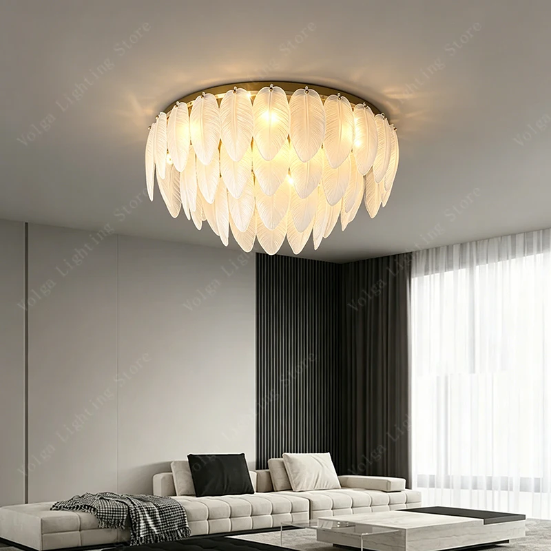 Modern White Glass Feather Ceiling Lamp Luxury Brass Led Lights Home Decor Lampe Lampa Sufitowa for Living Room Bedroom