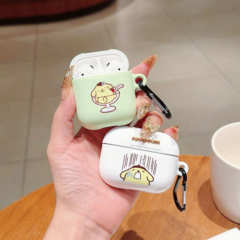 Cute Sanrio PomPomPurin Shockproof Protective Glossy HD Hard PC Earphone Cover Case For AirPods 1 2 3 Pro Pro2 with Metal Hook