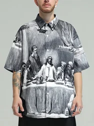 Sycpman Oversized Shirts Mens Summer Painting PrintingCouples Casual Male Female Silk Vintage Clothing Button Up