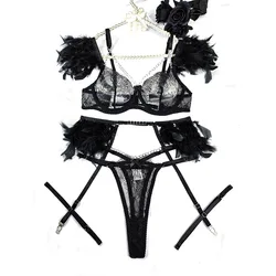 Sexy Lace Lingerie Set with Feather Women's Chain Perspective Underwear Garters Exotic Apparel Suit Female Solid Transparent Bra