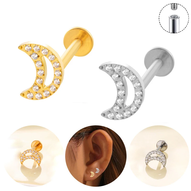 1PC G23 Titanium Ear Studs Internal Thread Flat Back CZ Moon Butterfly Labret Cartilage Tragus Stud Nose Piercing Body Jewelry