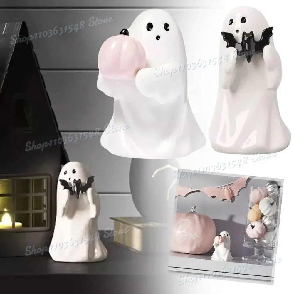 

2024 Newest Resin Ghost Halloween Decorative Figurine Target Spooky Small Ornament Holding Pumpkin and Bat Halloween Decoration