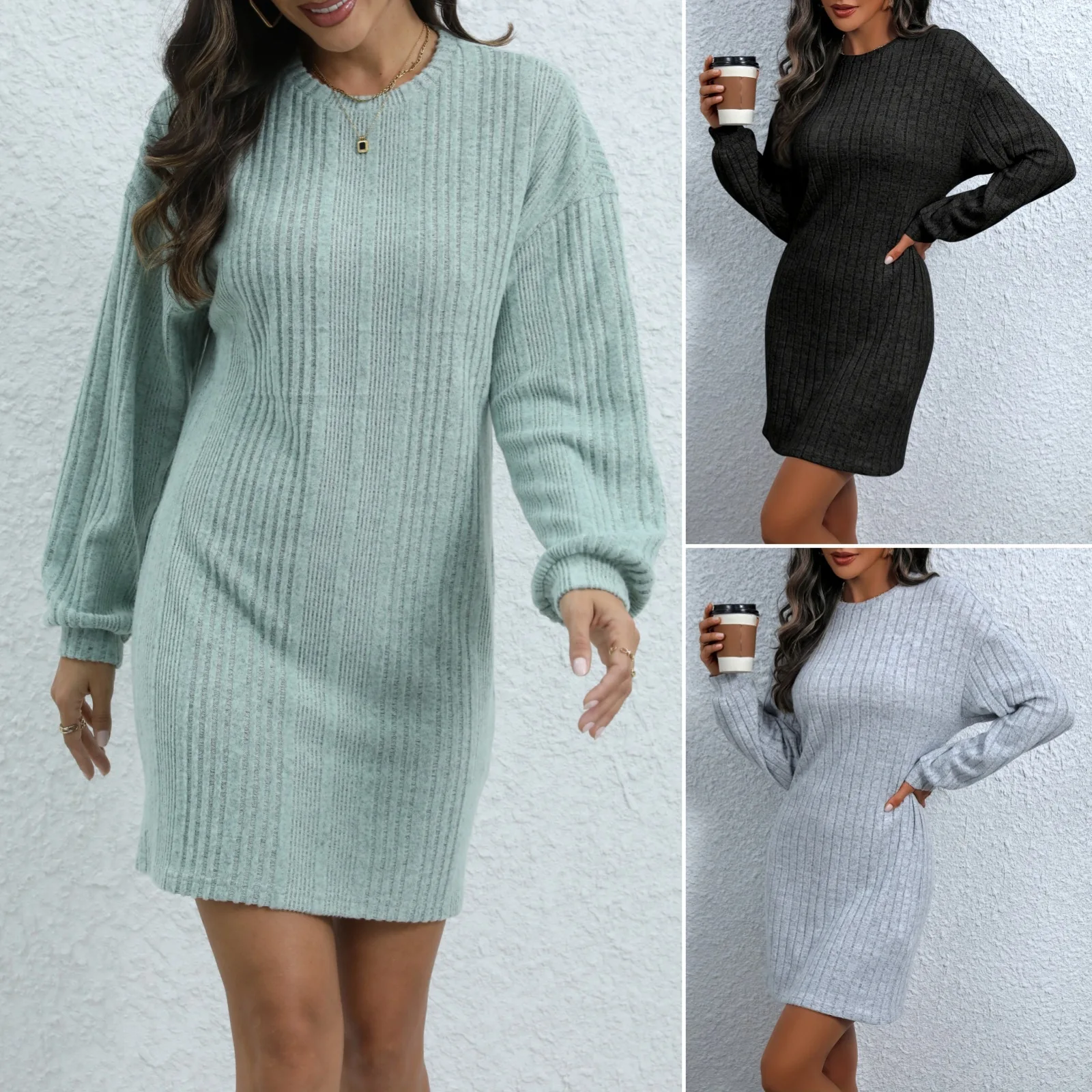 2024 new fashionable temperament casual elegant sexy commuting dress long sleeved solid color round neck hip hugging dress