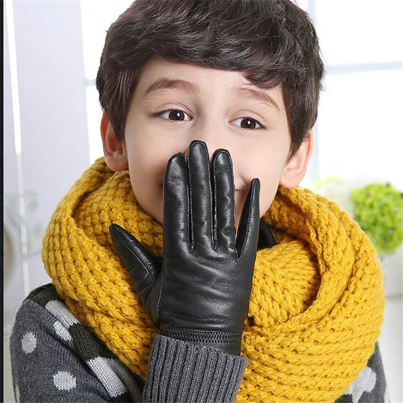 Children Autumn Sheepskin Velvet Thick Gloves Boys Winter Solid Warm Glove Girls Genuine Leather Points Finger Mitten S-XL