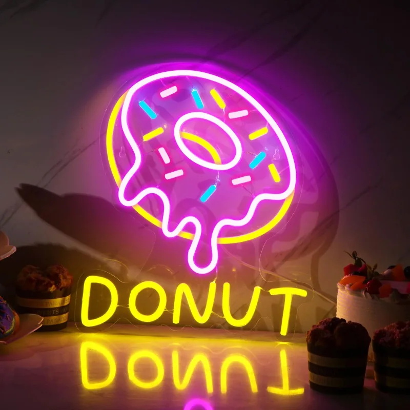 Donut Neon Sign LED Wall Decor USB Alphabet 15 Inch Indoor Decor Dessert Shop Restaurant Bar Nightclub Beach Store 5V USB