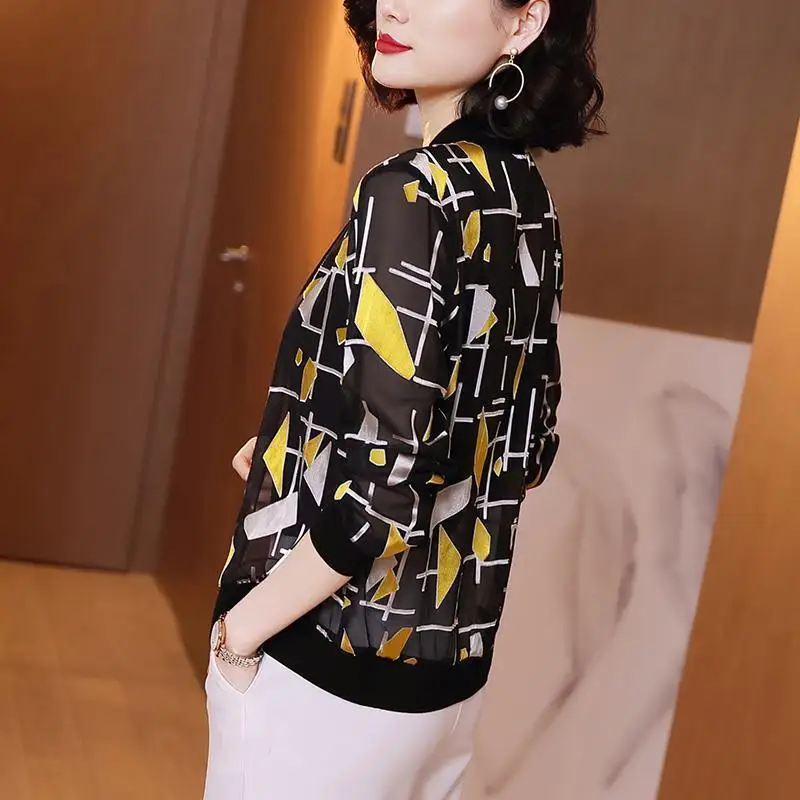 Fashion O-Neck Zipper All-match Printed Chiffon Shirt Women's Clothing 2022 Autumn New Oversized Casual Tops Loose Korean Blouse