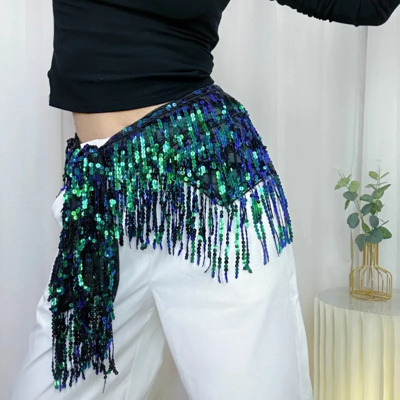 Maßgeschneiderter Bauchtanzgürtel mit Pailletten, Quaste, Taillenkette, verschlüsselter Hüfttuch, Straße, quadratischer Jazz-Tanz, Furzvorhang, Taillenschal