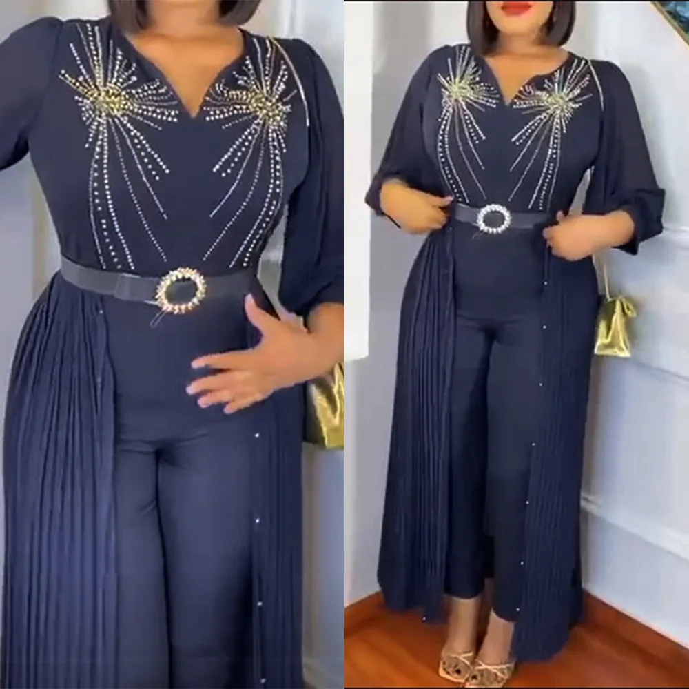 MD Plus Size Jumpsuit Dubai African Women Wedding Party Long Sleeve Velvet Rompers Chiffon Pants Set Dubai Turkey Clothing Wear