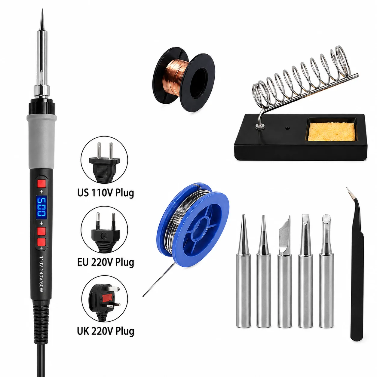 Kit de fer à souder à température réglable 60W/90W LCD, ensemble de soudage 7-20 pièces, prise US/EU/UK pour réparation de PCB, bijoux, électronique, bricolage