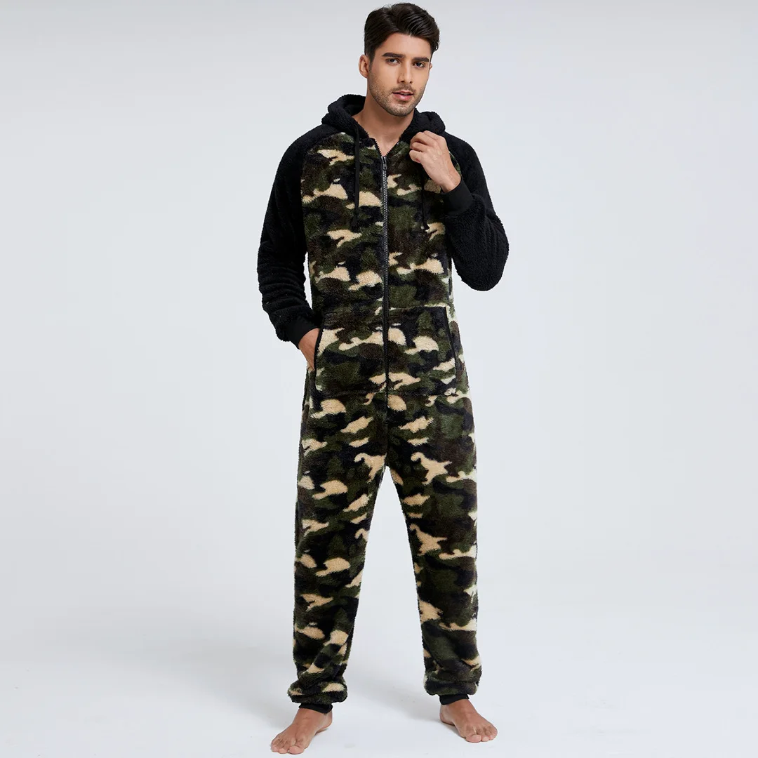 Thick Hooded Jumpsuit Men Solid Color Flannel Onesie Pajamas Adults Winter Autumn Warm Sleepwear Costume Onesies For Men