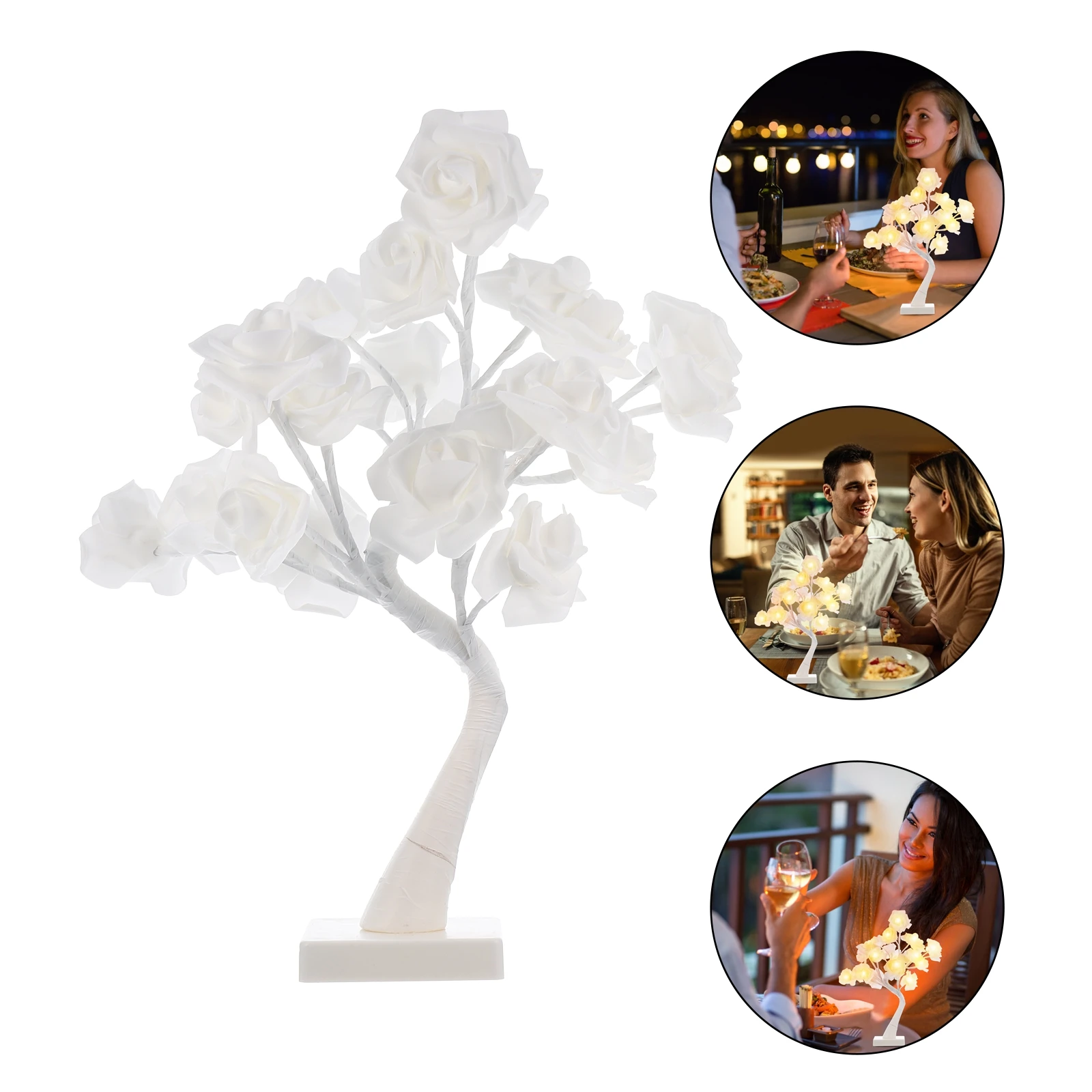 

LED Rose Table Durable Non Glare Strobe Free Real Flower Design Strong Light Transmittance White Tape Branches Operated