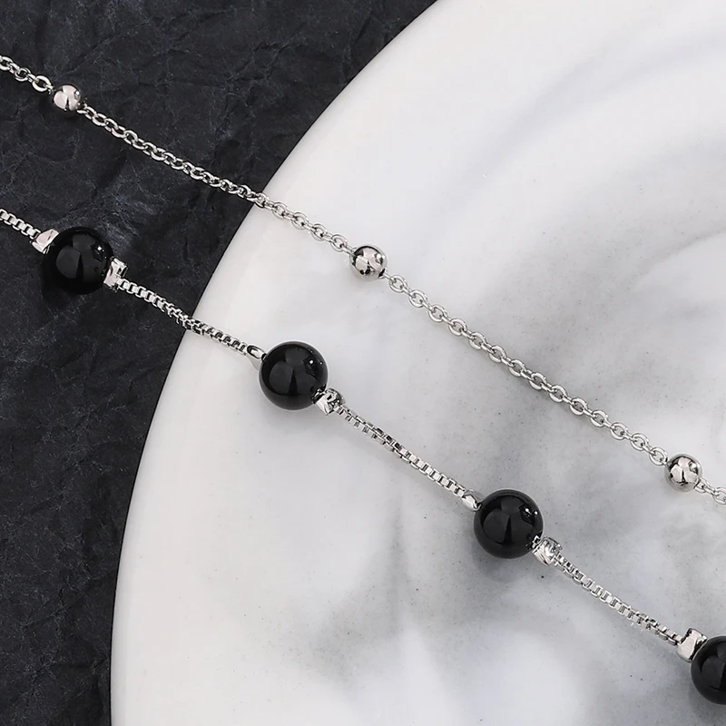 KOFSAC Vintage Trendy Black Beads Bracelets For Women 925 Sterling Silver Jewelry Glamorous Two Chain Bracelet Girl Gift