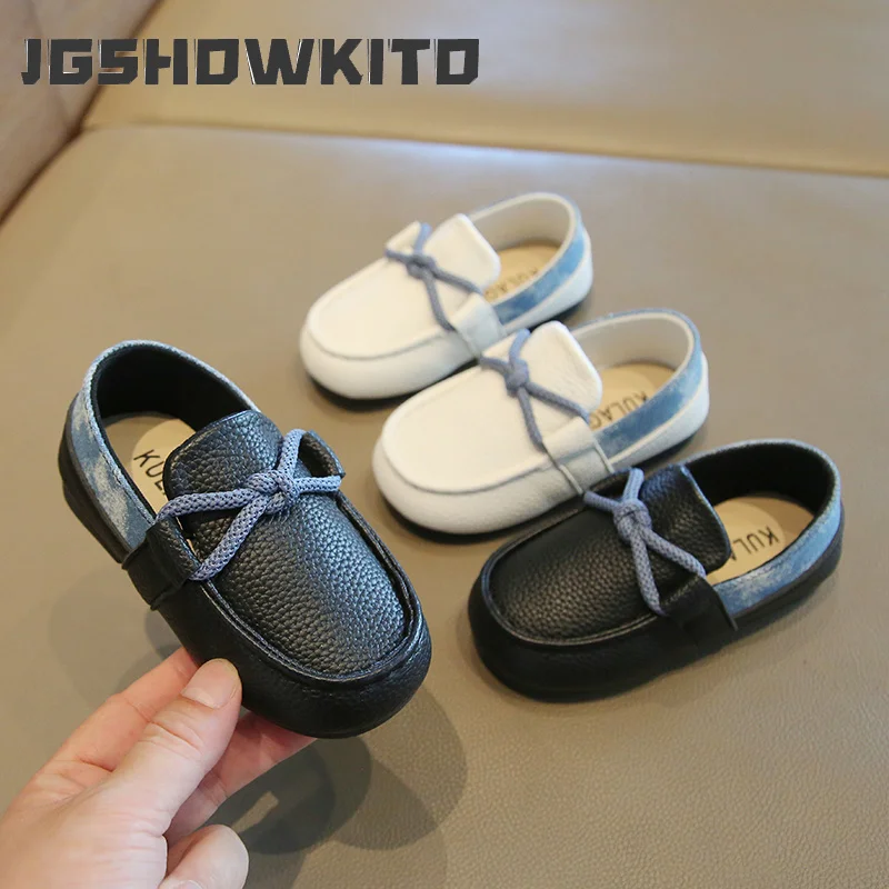 JGSHOWKITO Boys PU Leather Shoes Knot Children Moccasins Black White Kids Fashion Flat Loafers Slip-on Soft for Wedding Party